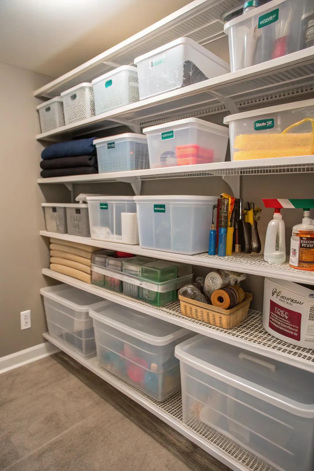 Clear bins keep your closet organized and simplify the task of finding things.