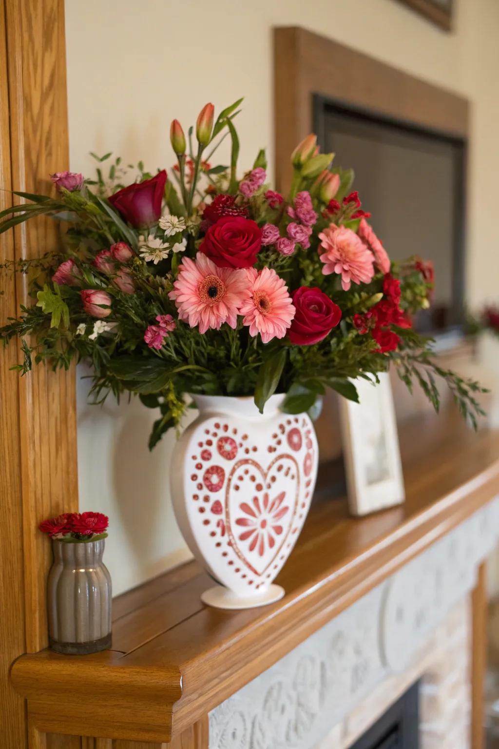 Floral arrangement in a heart-decorated vase.