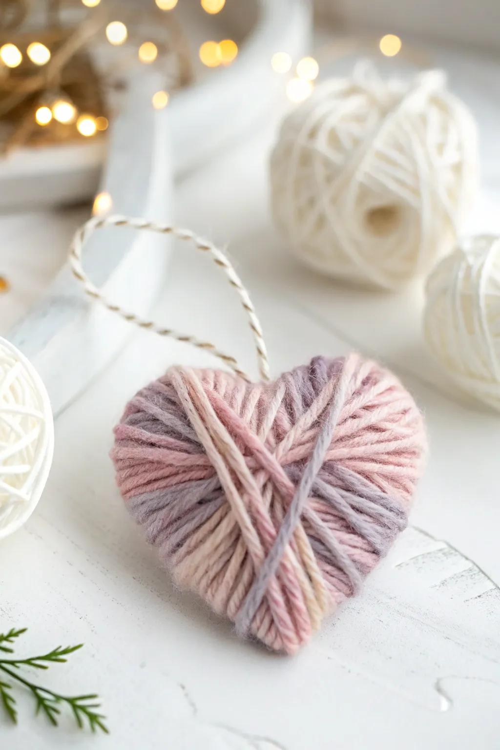 Cozy sophistication: Enrich your area with handcrafted yarn-wrapped heart ornaments this Valentine's Day.
