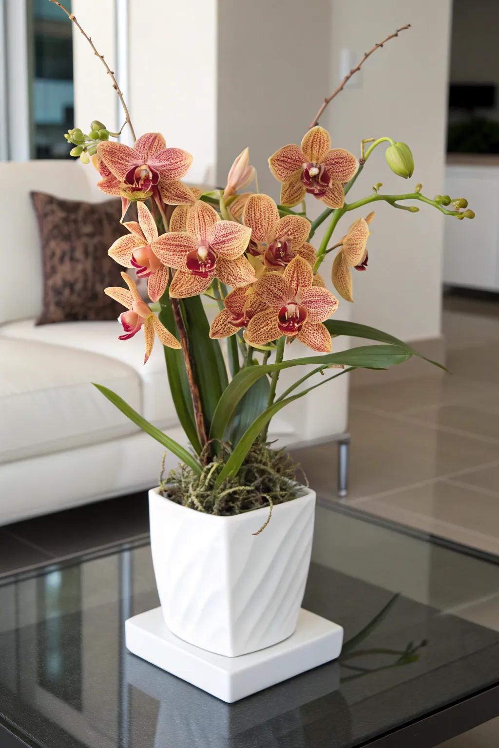 Sophisticated orchid arrangement infusing refinement into a space.