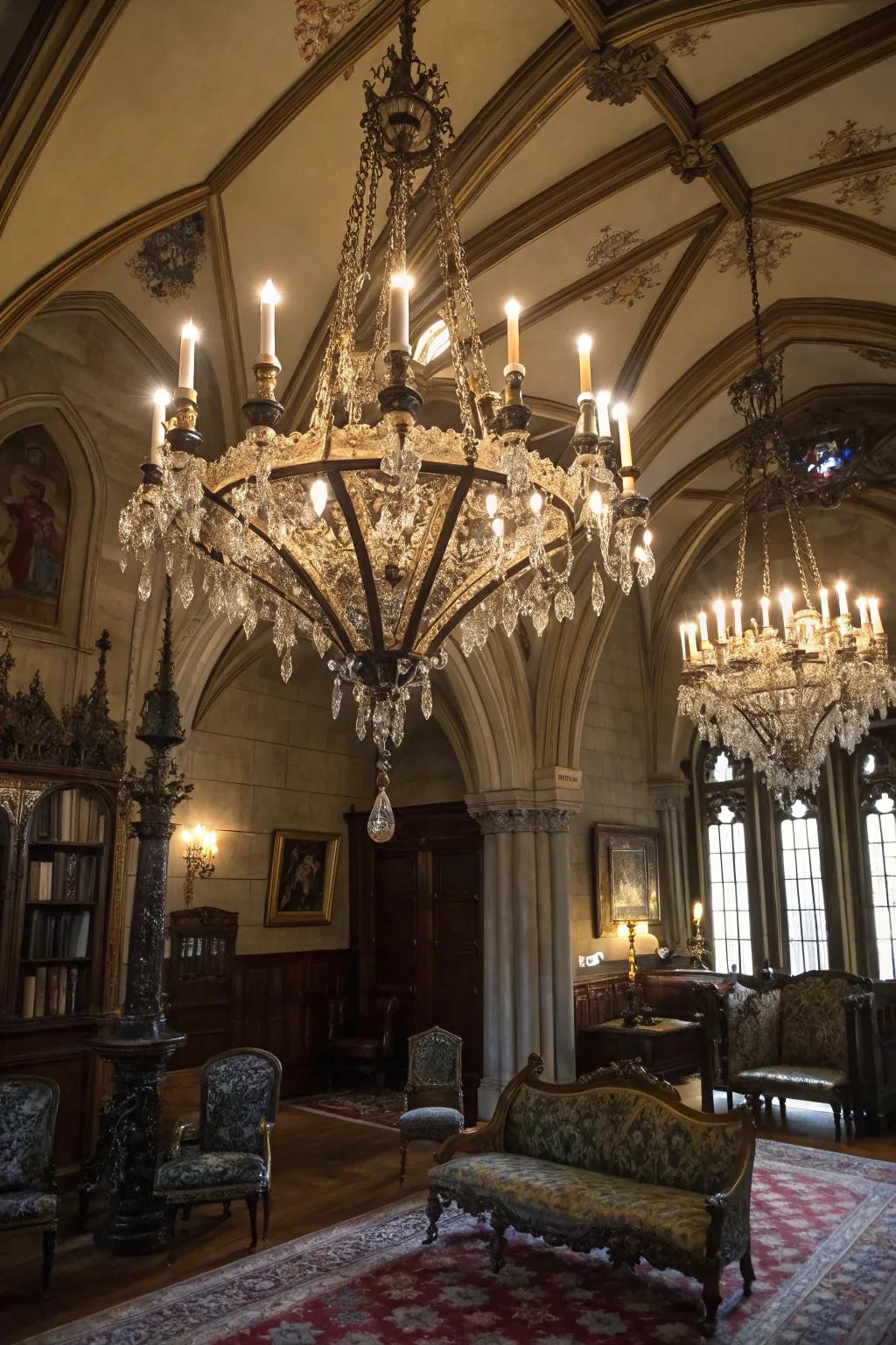 A majestic chandelier enriches the area with both illumination and drama.