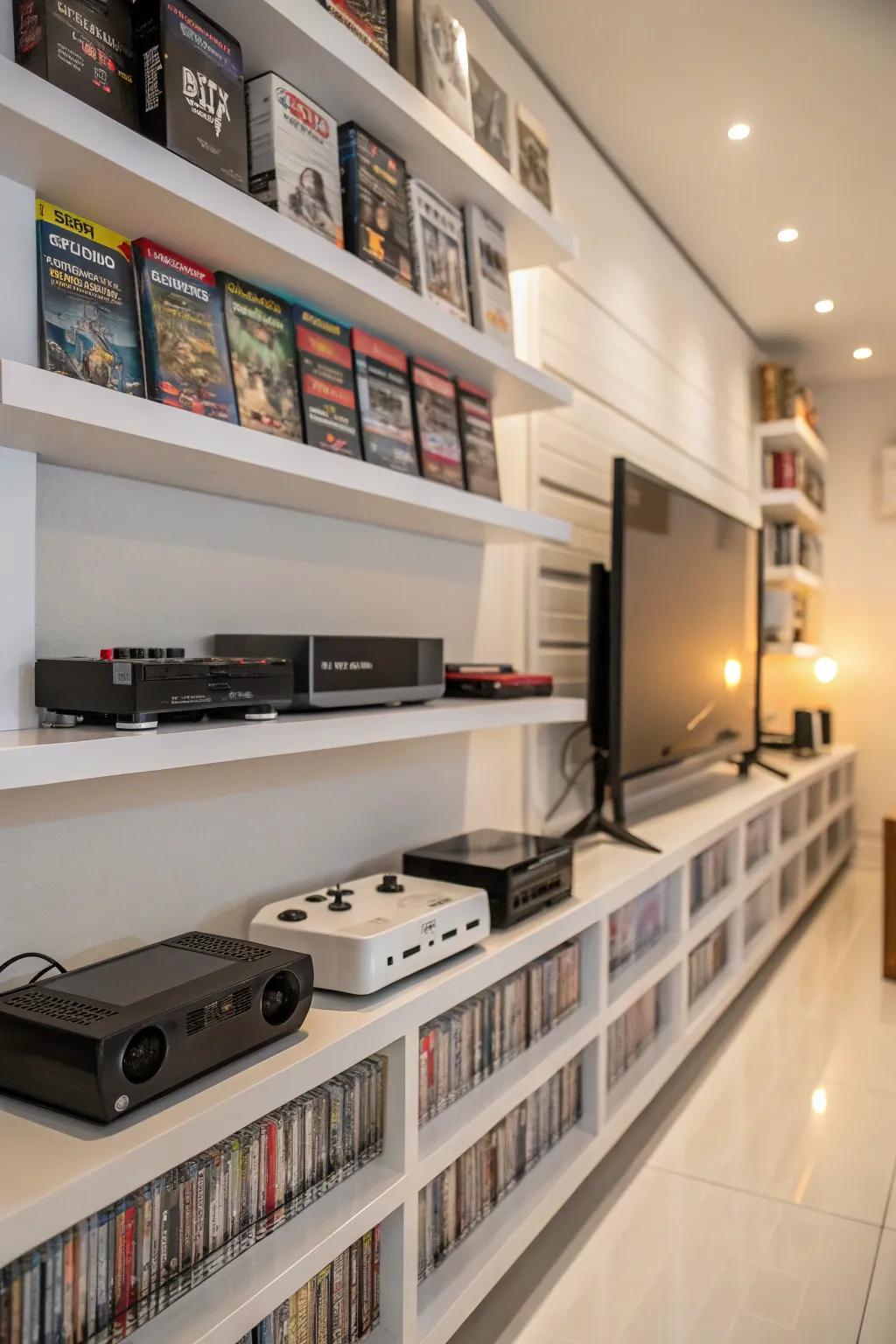 Shelves affixed to walls displaying a video game assortment.