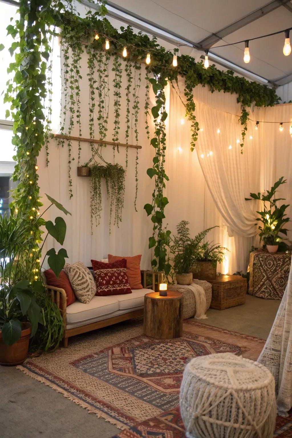 A bohemian wall embellished with cascading vines for a daring expression.
