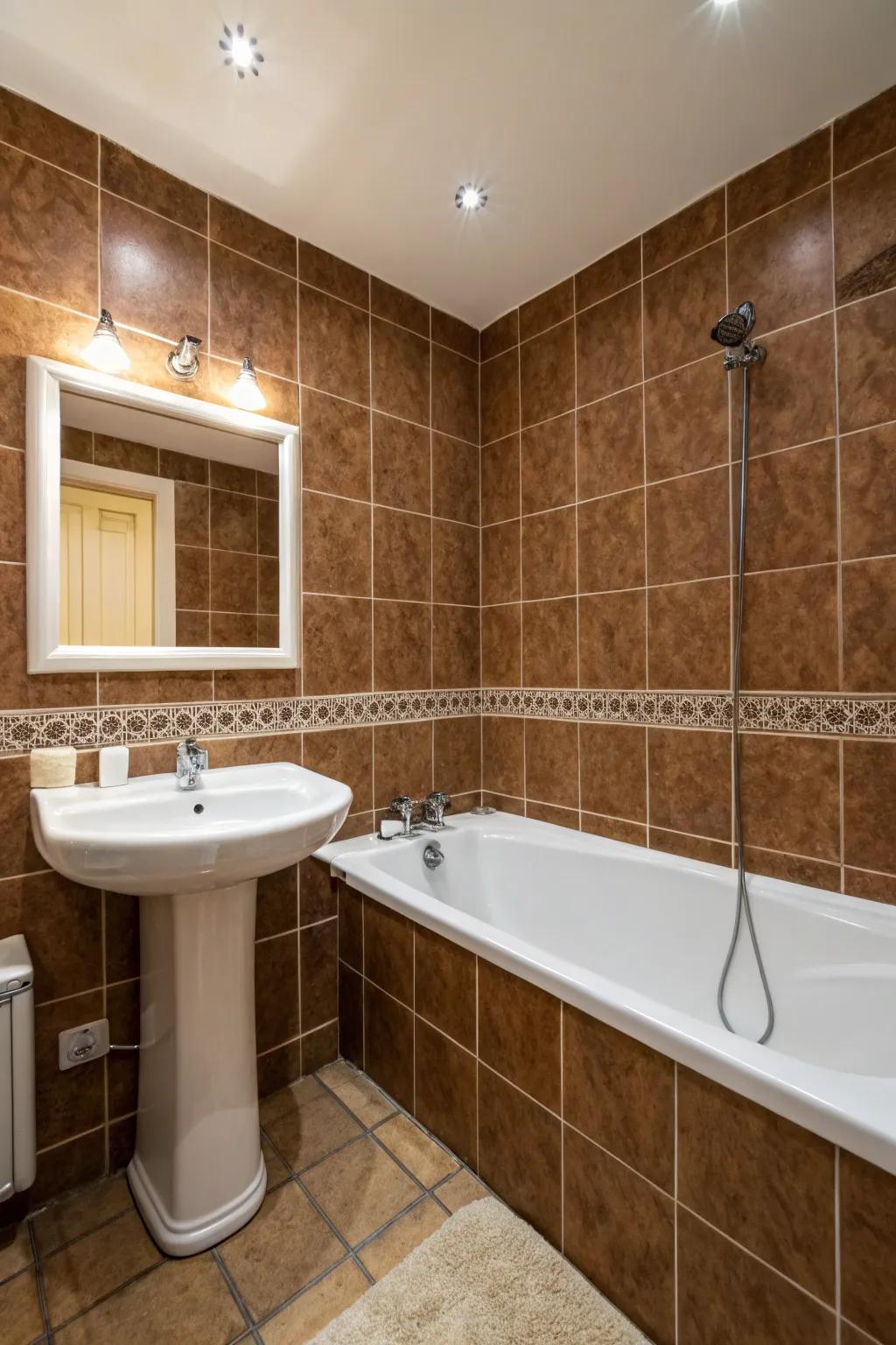 White bathroom suites beautifully juxtapose brown tiles, resulting in a traditional design.