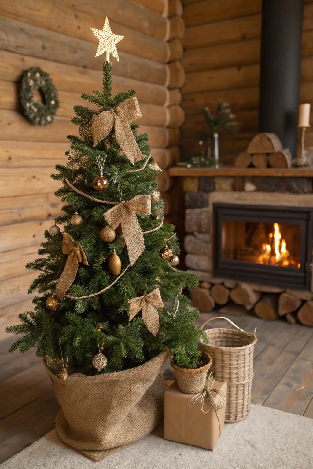 Earthy components impart warmth to this retro Christmas tree.