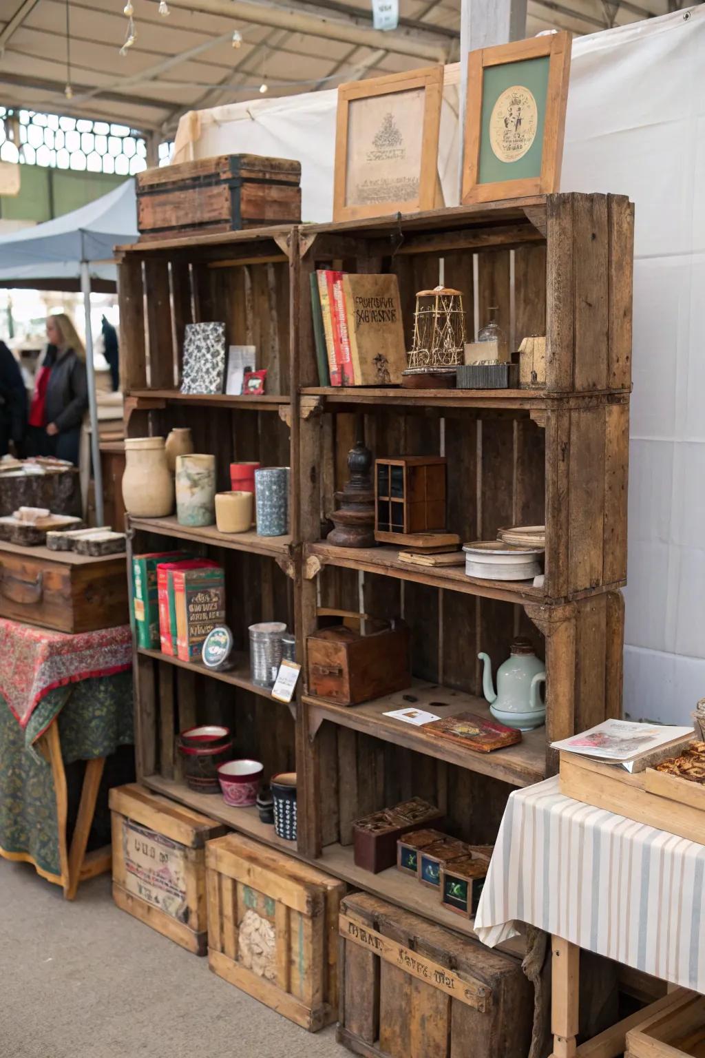 Multi-tiered shelving employing containers for an eye-catching presentation.