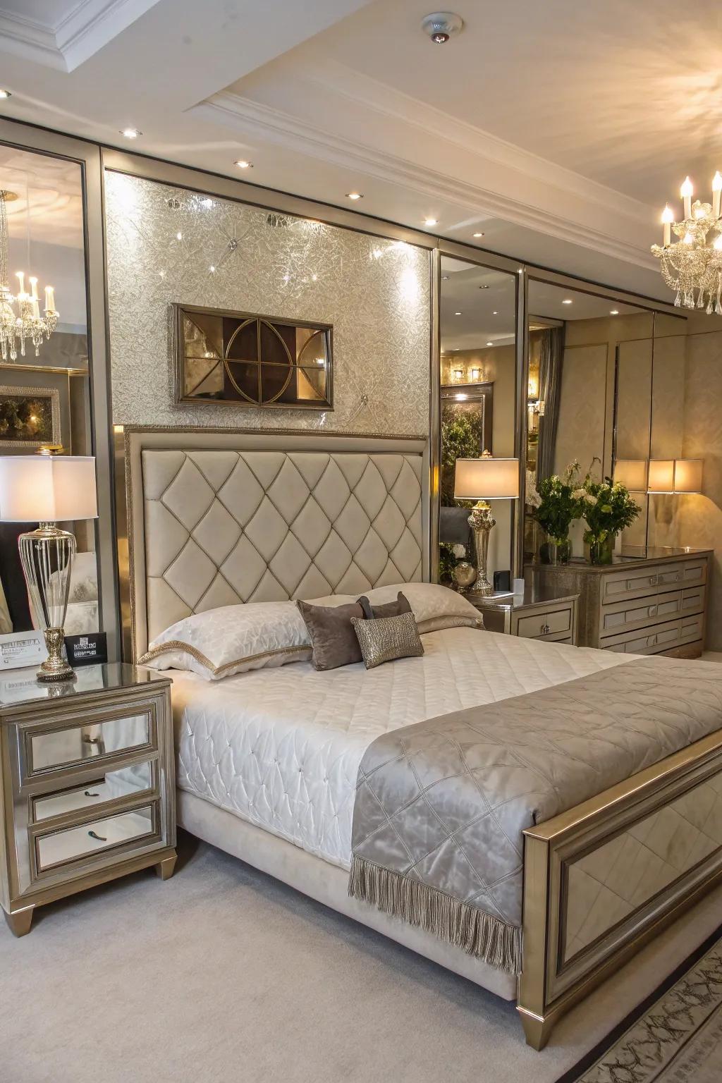 Mirrored panels amplify light, enhancing the glamour of your personal retreat.