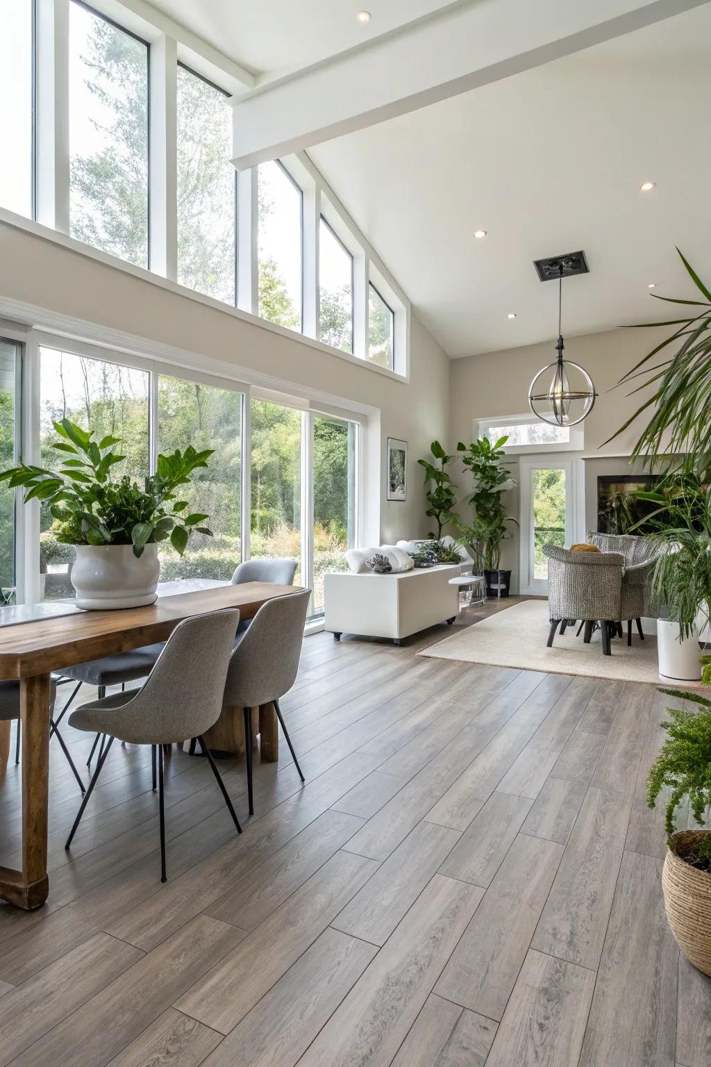 Craft unity with consistent vinyl flooring in open areas.