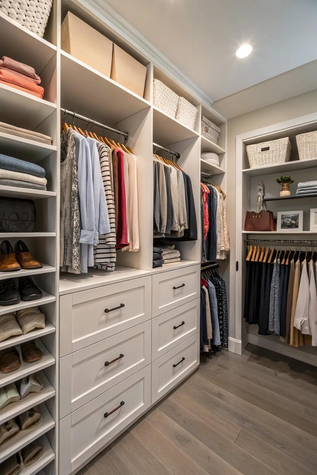 A meticulously organized walk-in closet incorporating diverse storage solutions for every essential.