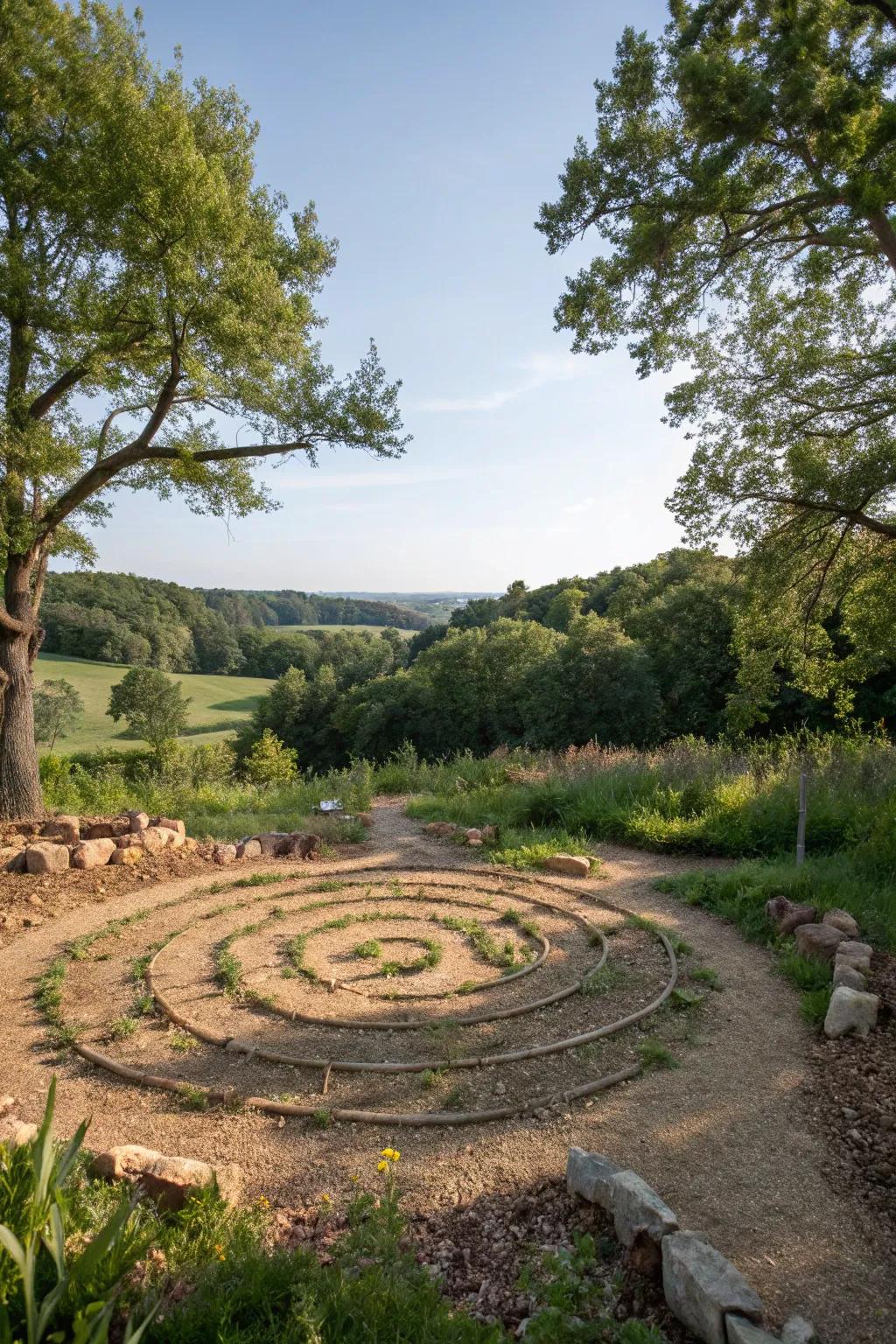 A mulch path labyrinth delivers a rustic and grounded walking experience.