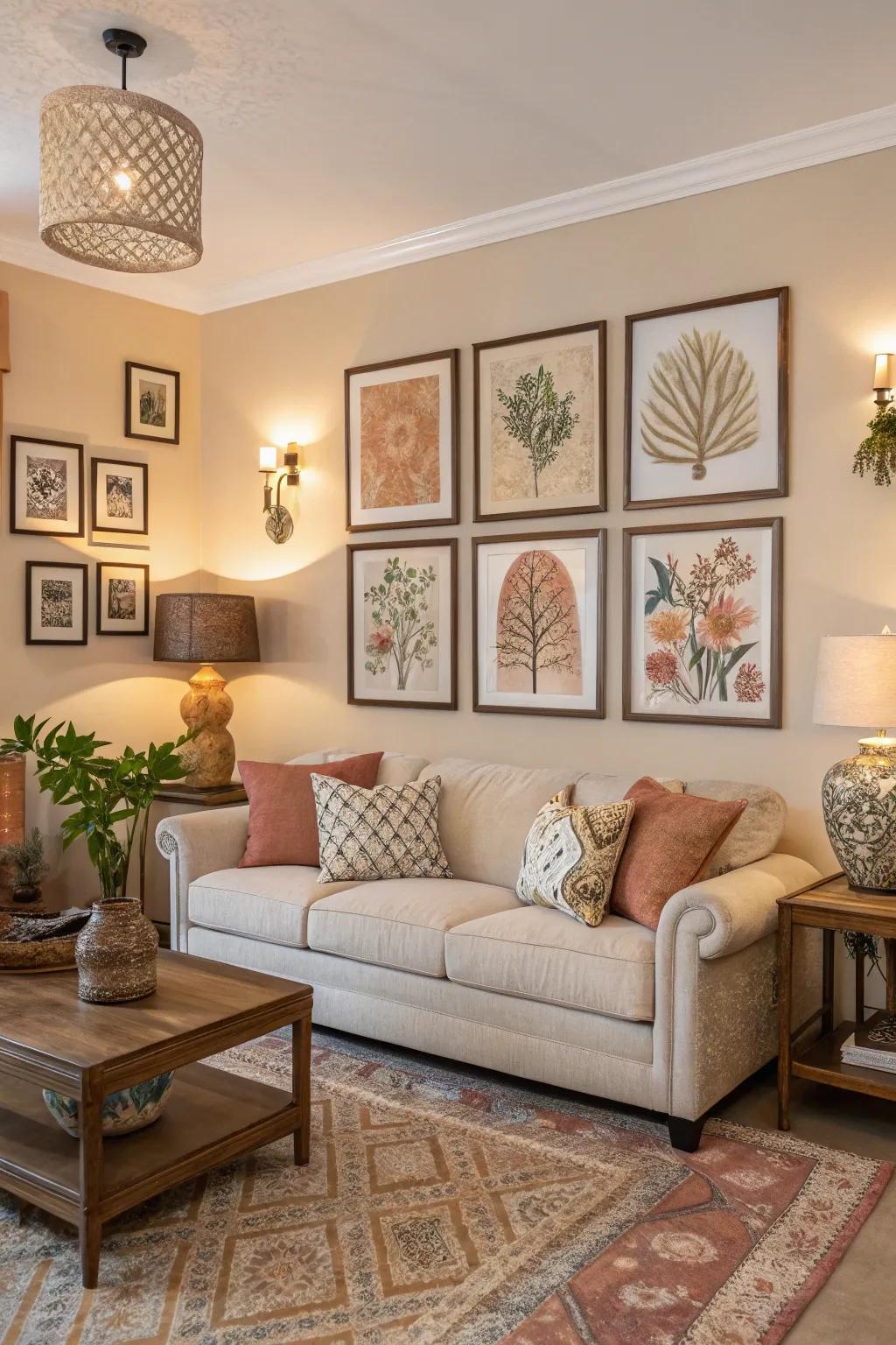 Artwork harmonizing with the living room's color scheme.