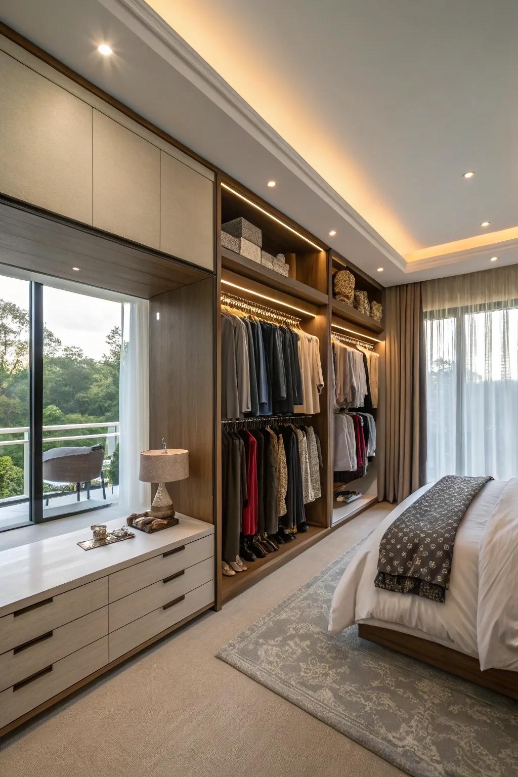 Staggered hanging rods efficiently maximize vertical area within wall closets.