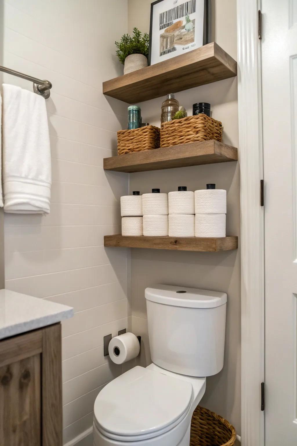Achieve a minimalist feel with floating toilet paper shelves.