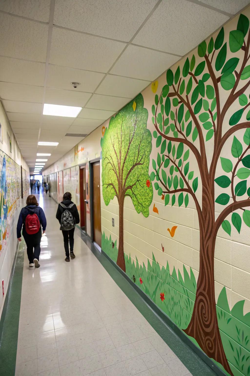 Nature-inspired wall designs bring a revitalizing and calming element to this school corridor.