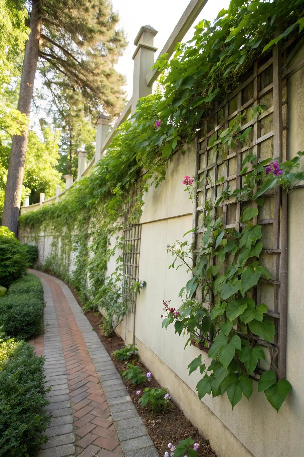 Enhance walls through creeping flora atop a trellis.