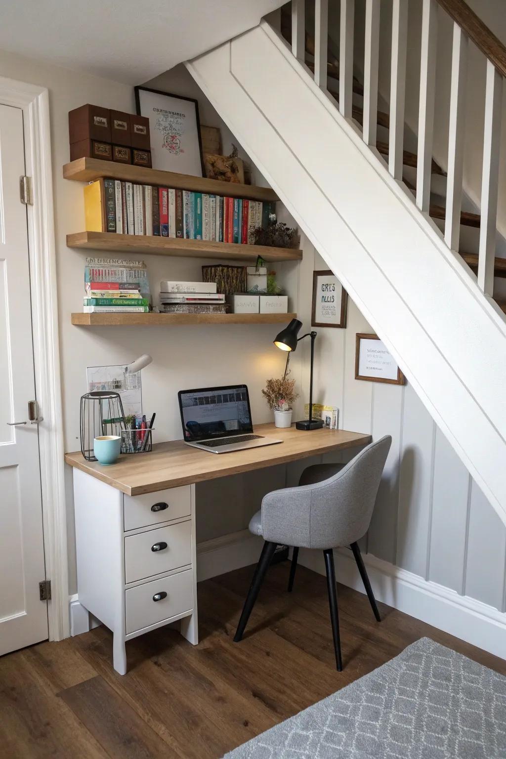 A mini home office beneath the stairs optimizes practicality.
