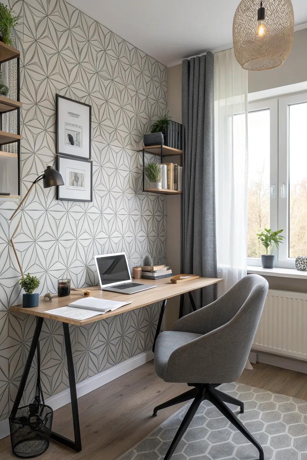 Geometric wallpaper introduces a contemporary style to workspaces.
