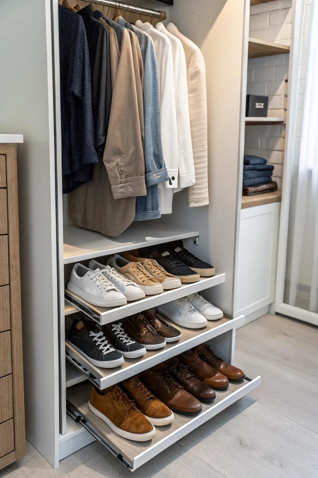Sliding shoe racks provide practical and elegant shoe storage.