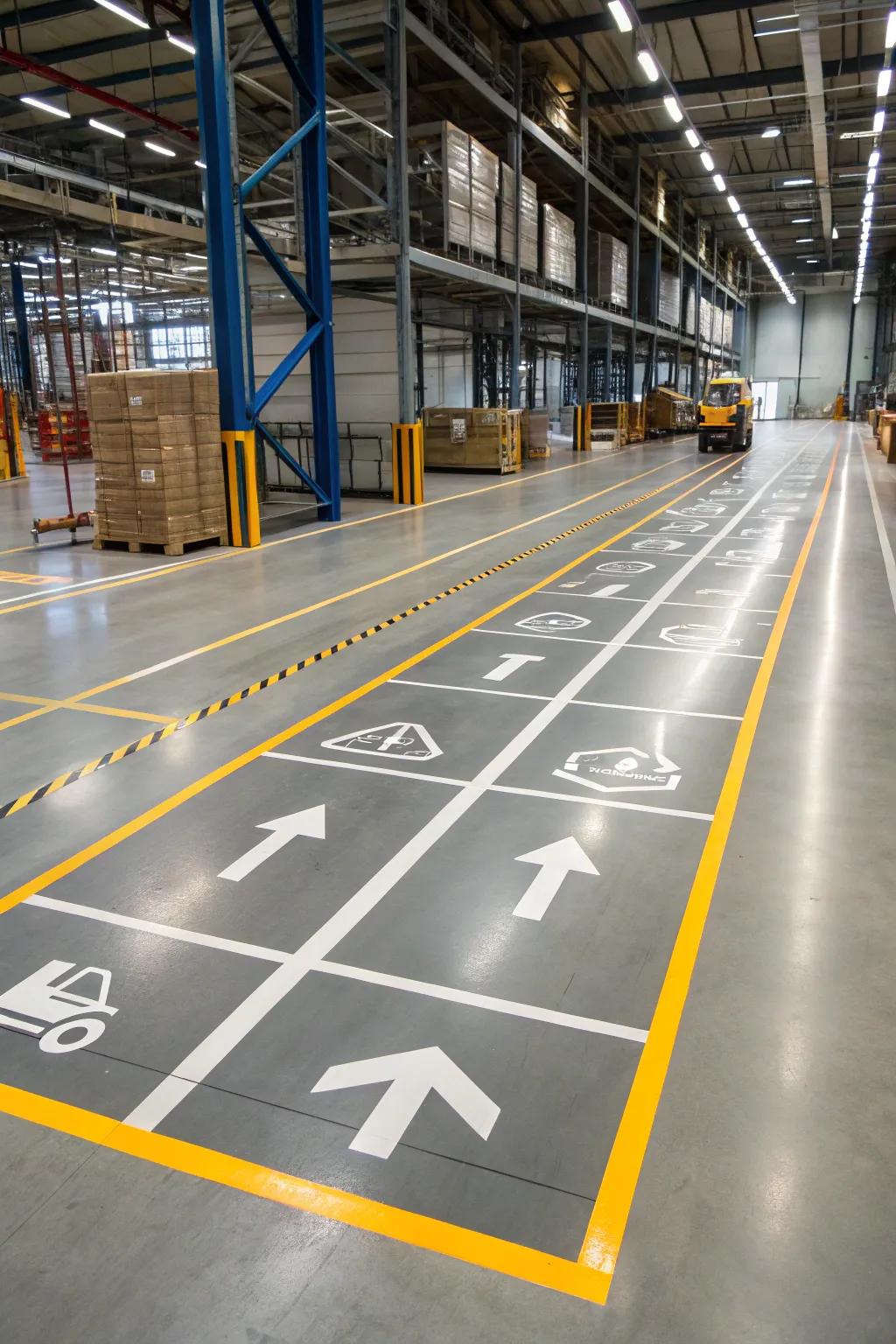 A clear floor plan with designated pathways enhances warehouse efficiency.
