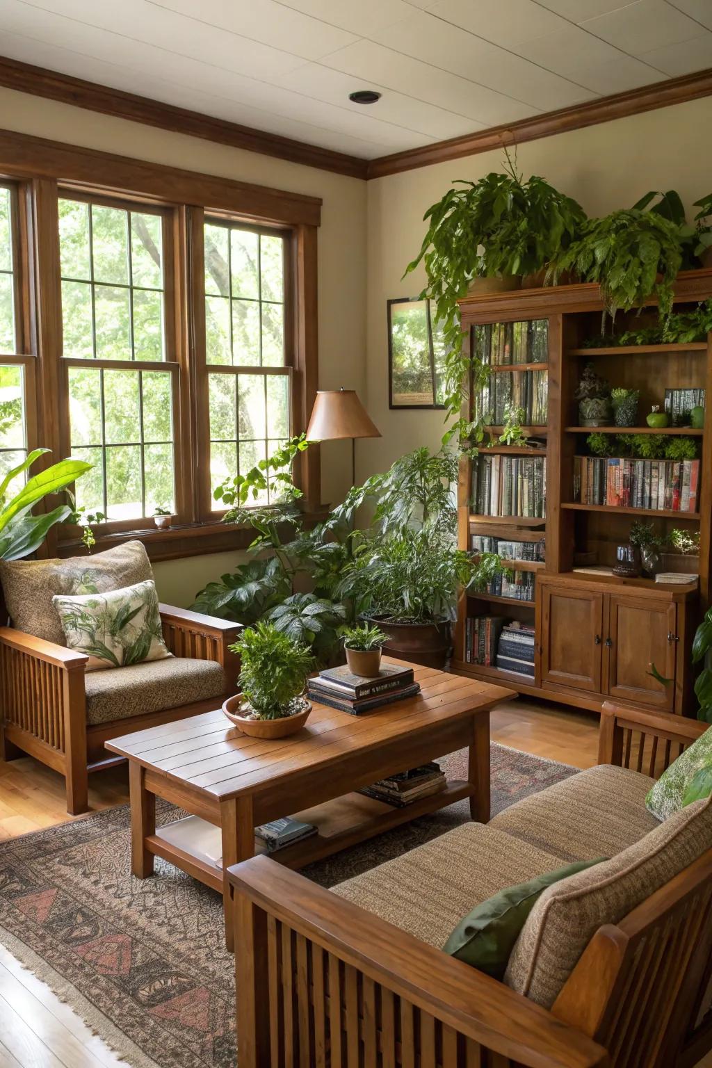Organic accents like lumber and greenery introduce an outdoor element to your space.