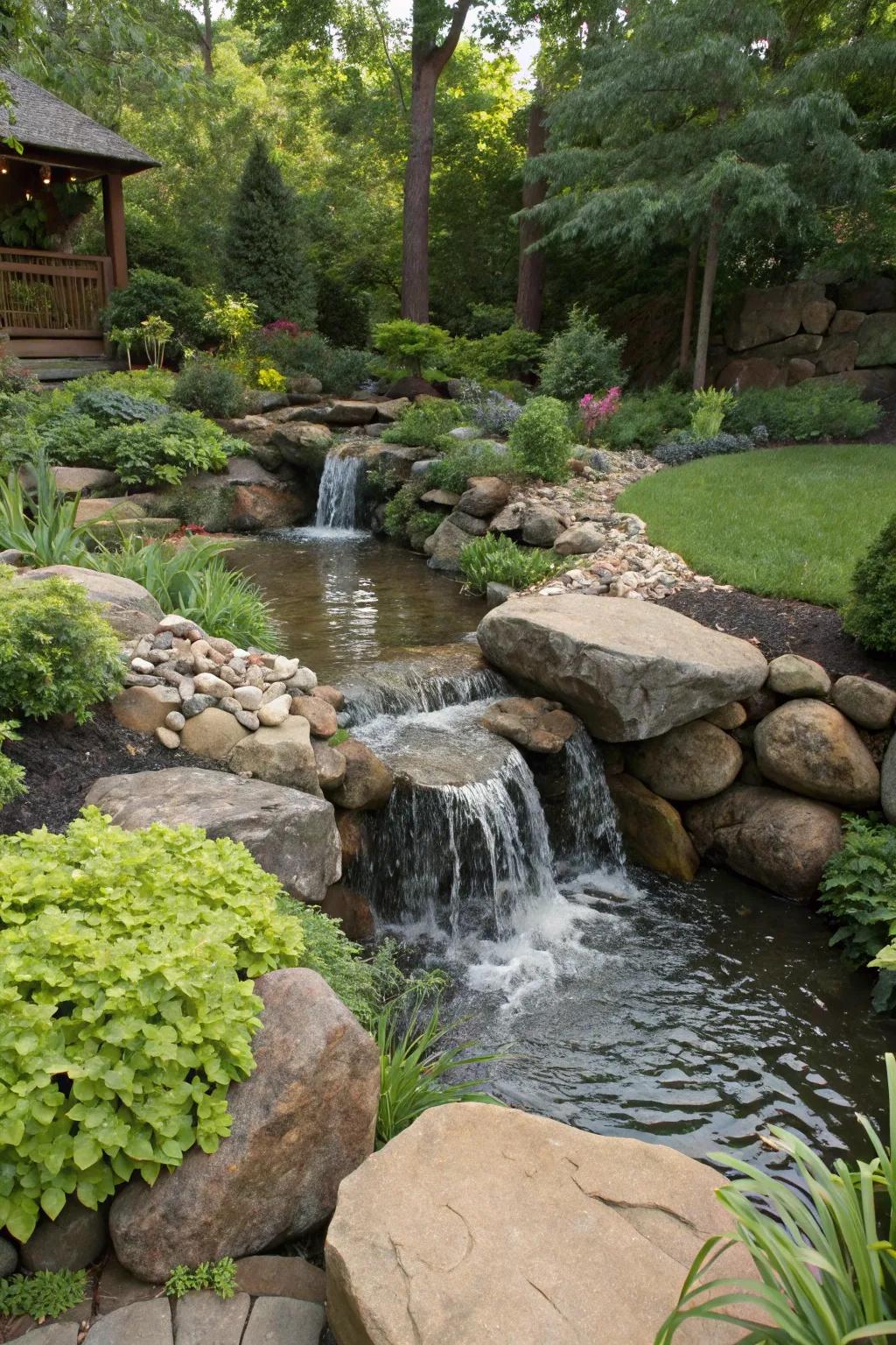 A backyard brook including a waterfall introduces active motion onto the terrain.