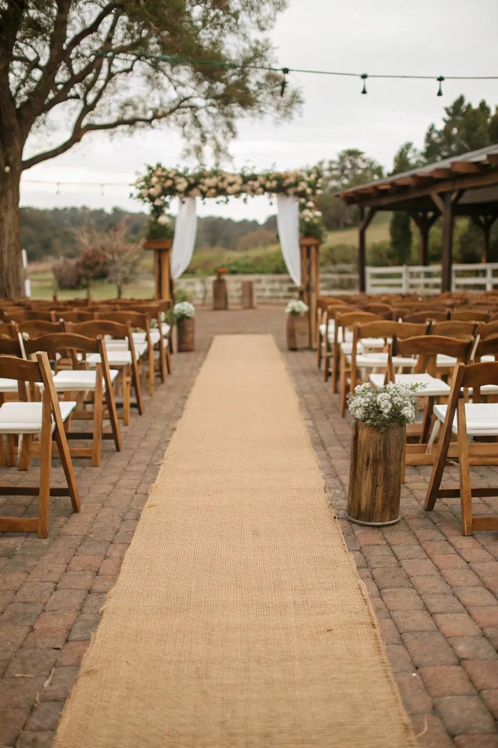 An earthy jute runner adds an appealing rustic element to an outdoor aisle.