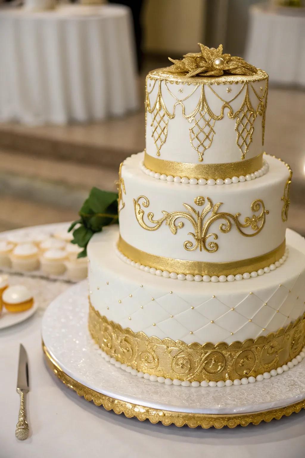 A wedding cake accentuated with gold metallic details for heightened sophistication.