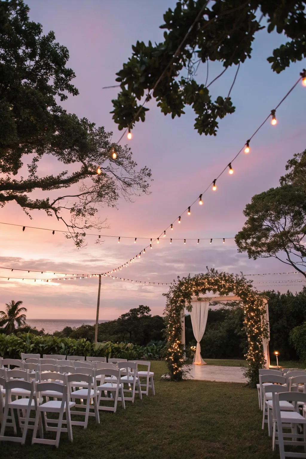 An open-air wedding location wonderfully illuminated with radiant strands suspended from treetops.