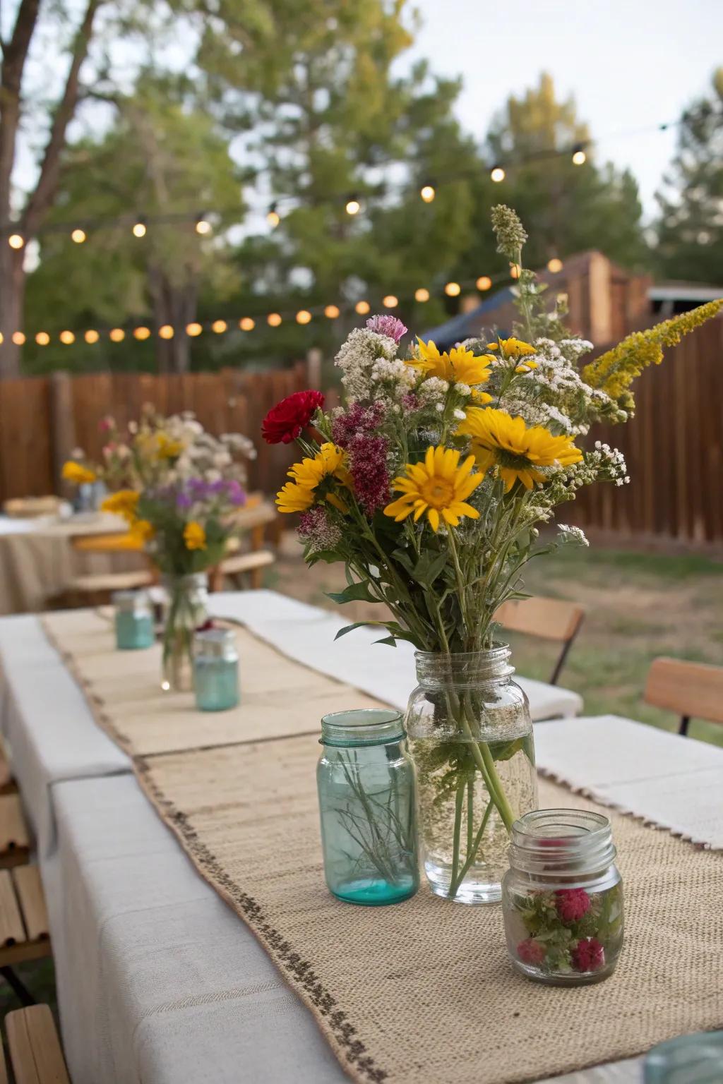 Antique preserving vessels brimming with wildflowers for a homespun accent
