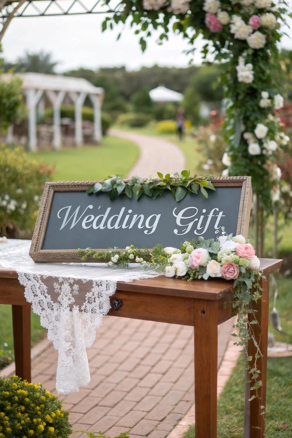 A blossom-adorned marker that complements an outdoor environment.