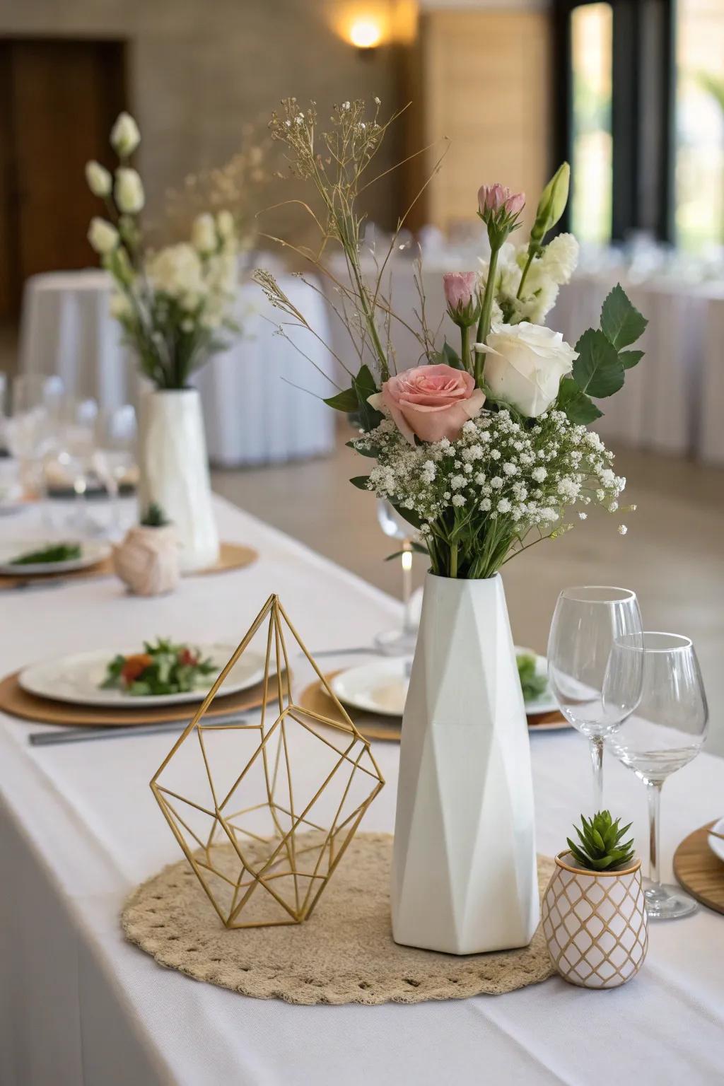 Edgy angular vessels present a contemporary spin on conventional floral compositions.