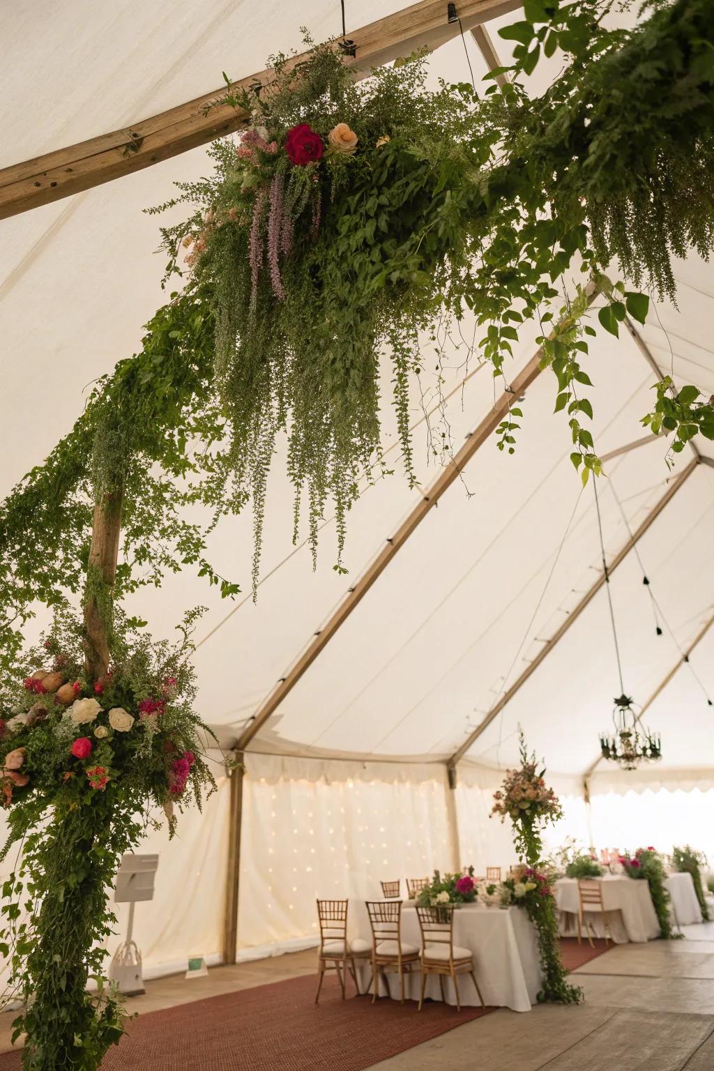 Foliage imparts an organic feel to the tent's design.