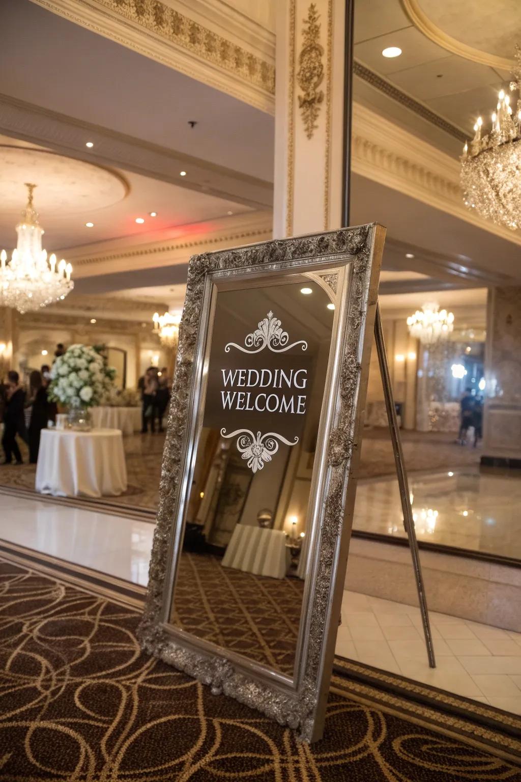 A glamorous mirrored welcome sign with elegant engraving, perfect for an upscale venue.