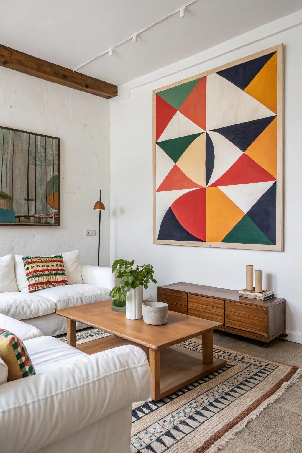 An abstract geometric artwork delivering a contemporary feel to a streamlined space.