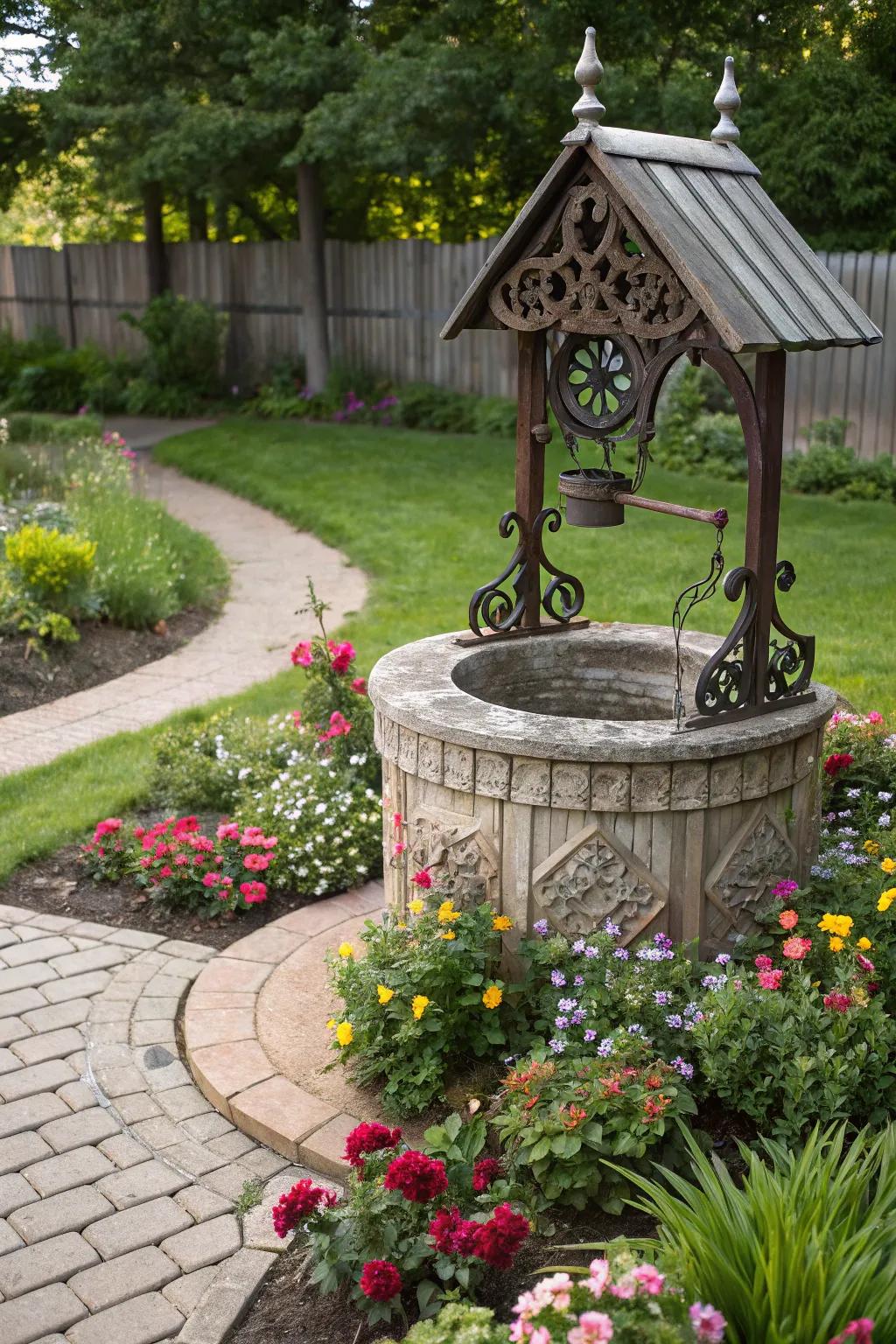 A well cover seamlessly becomes an integral facet of this dynamic floral bed.