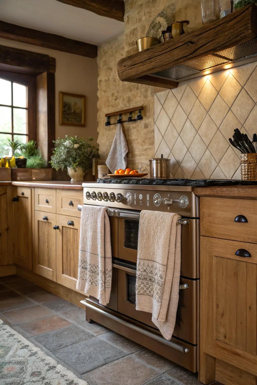Arrange towels on oven handles for simple access and classic elegance.