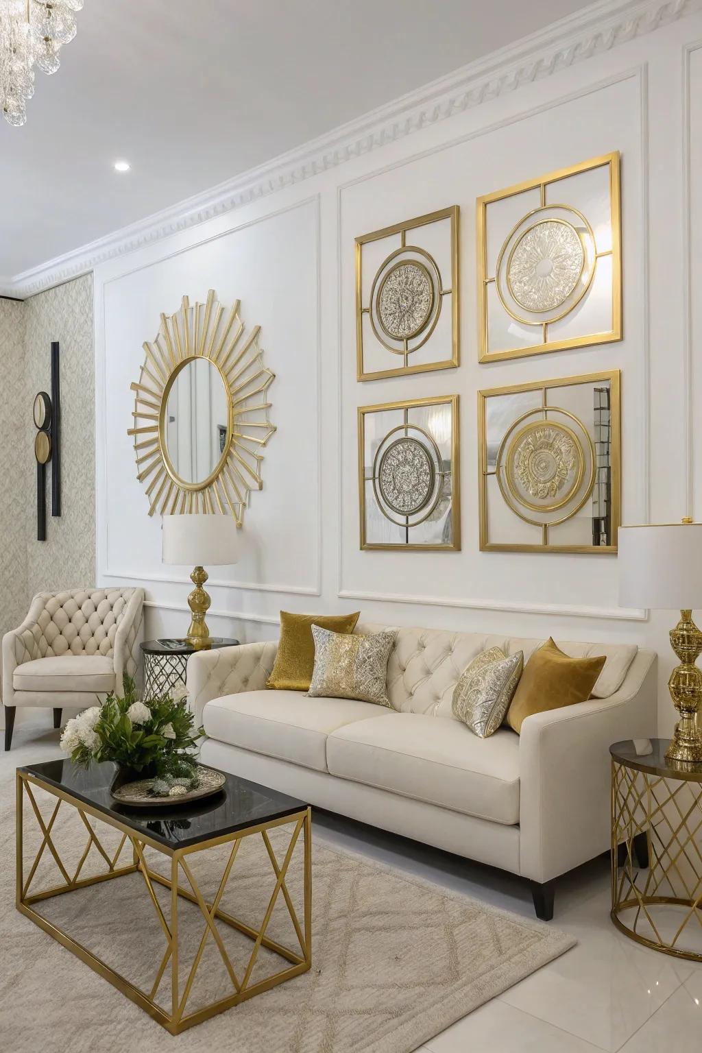 Artistic wall decor done in gilded and ivory makes a standout point in the space.