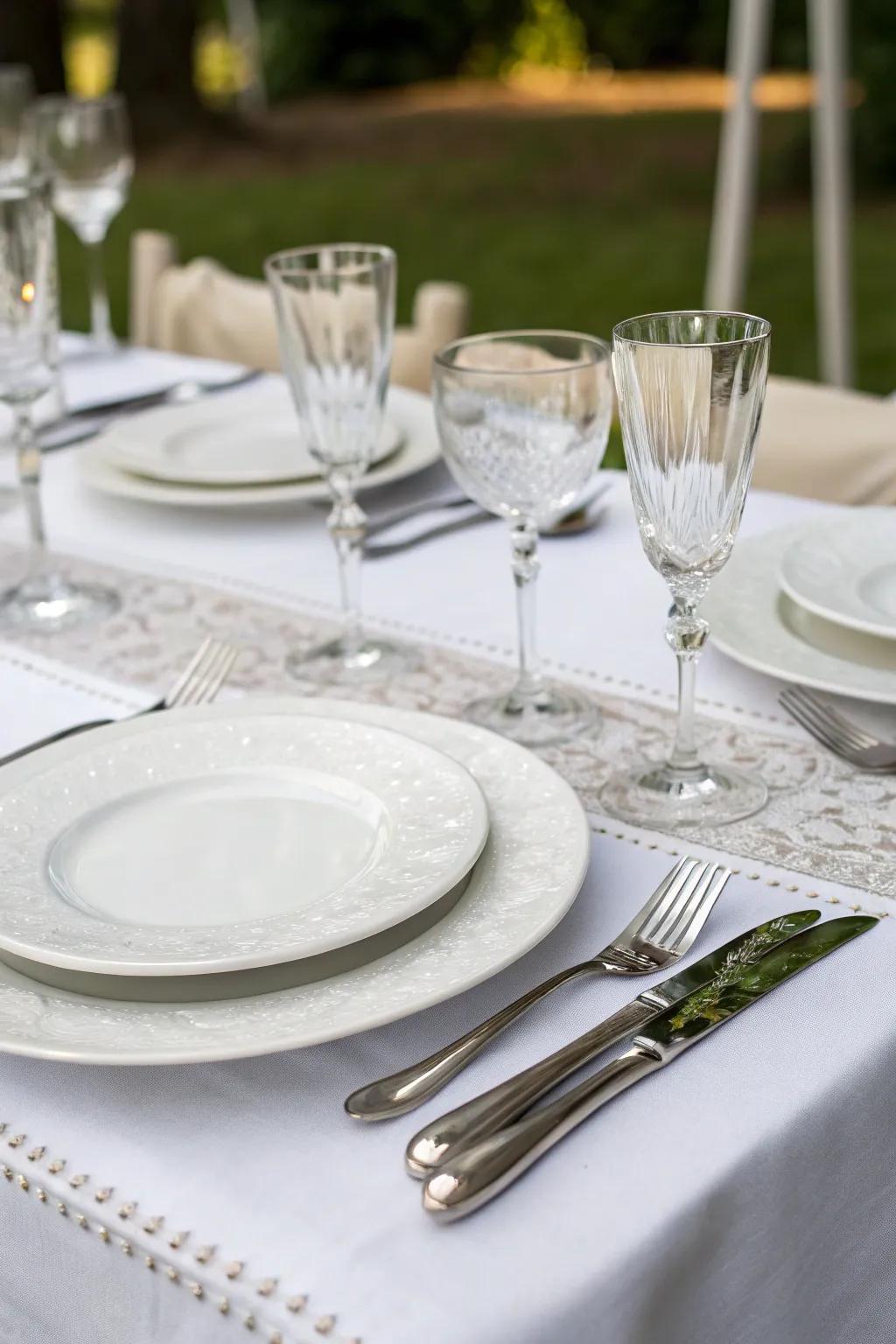 Design a refined table setting with ivory and silver elements.