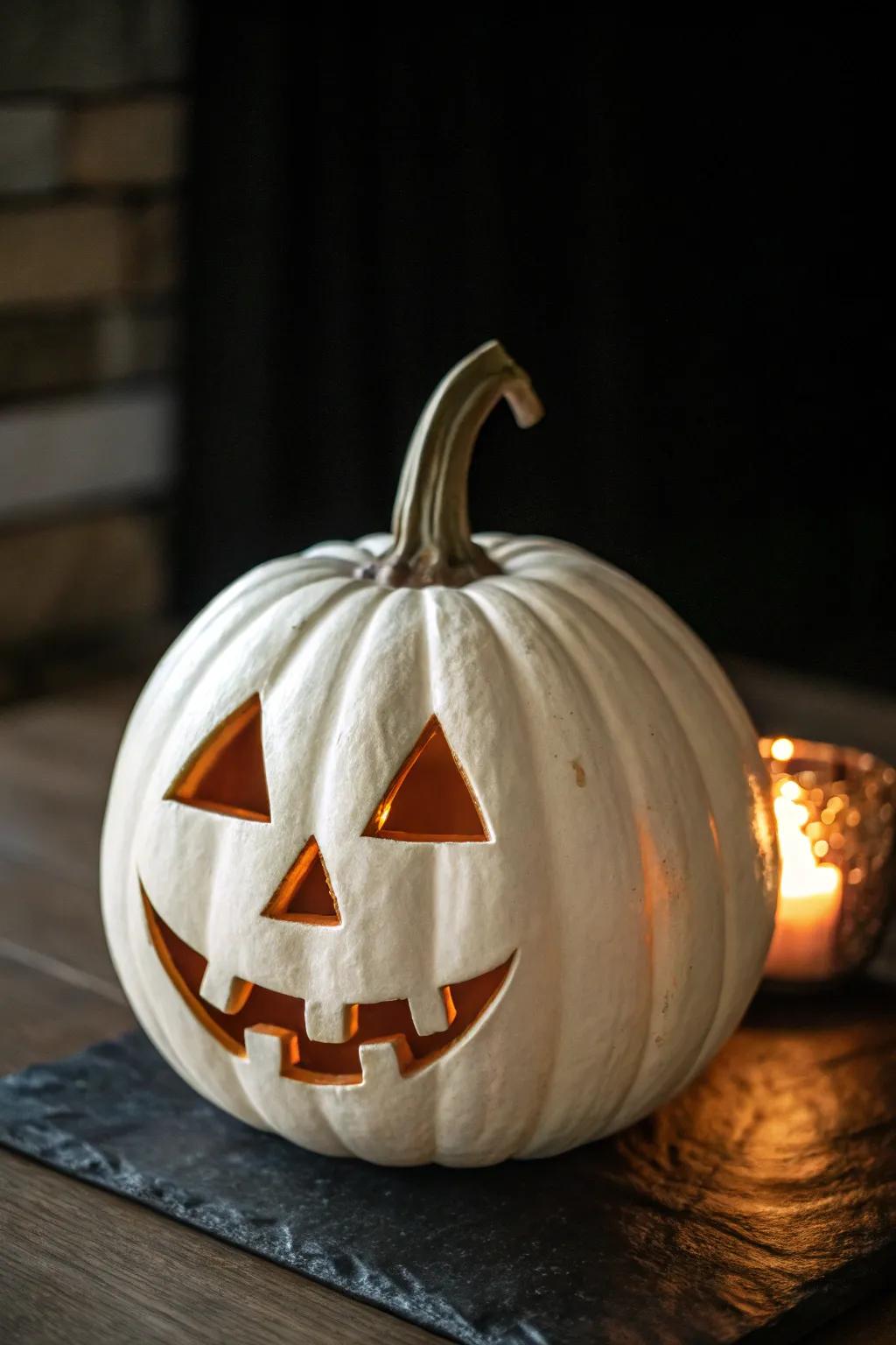 A classic Jack-O-Lantern reimagined using a white pumpkin.