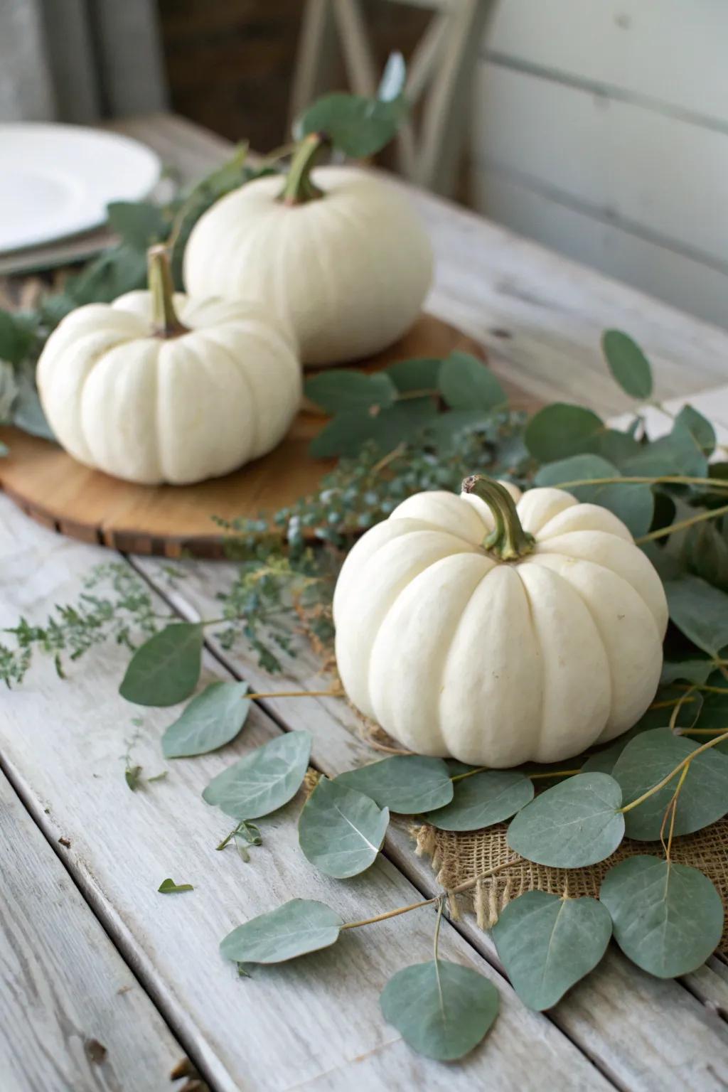 Greenery combined with white pumpkins for a natural effect.