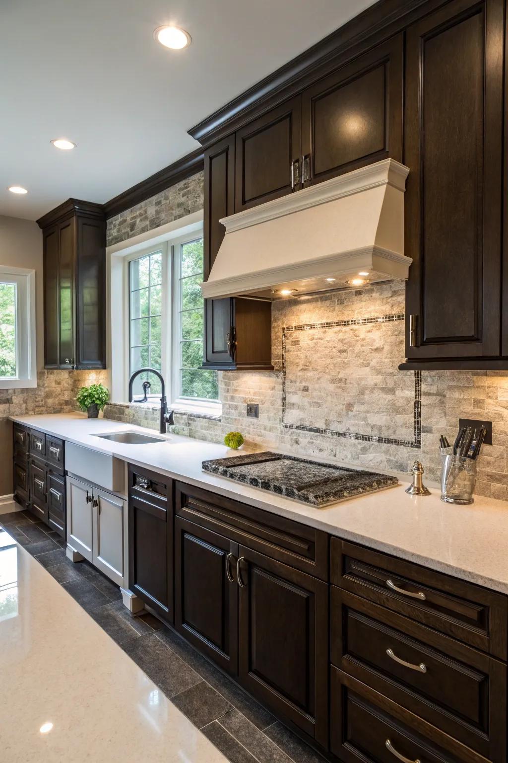 Dramatic contrast achieved with a deep stone composite backsplash in the kitchen.