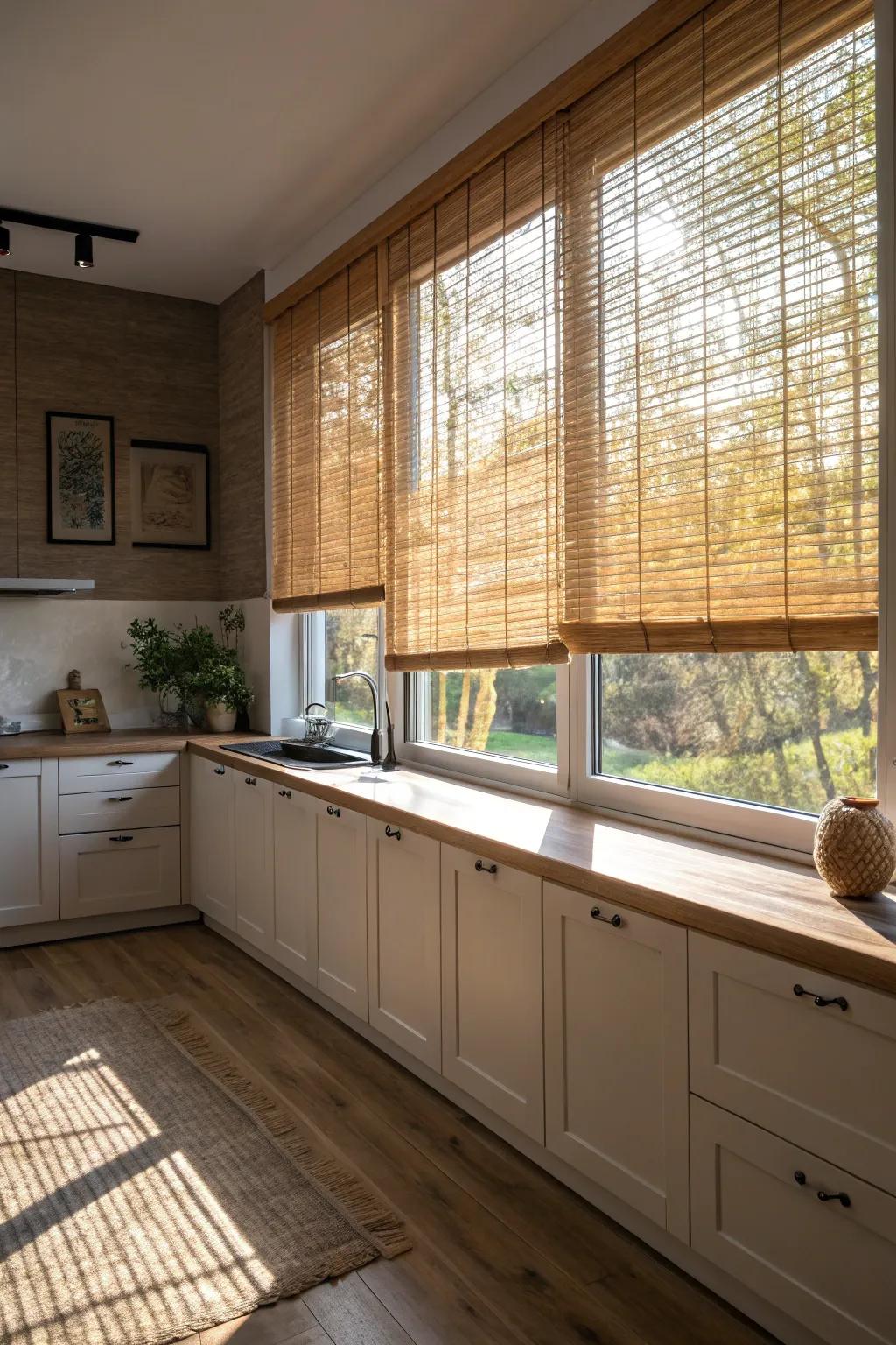 Bamboo window coverings add warmth and an organic nuance to this culinary space.
