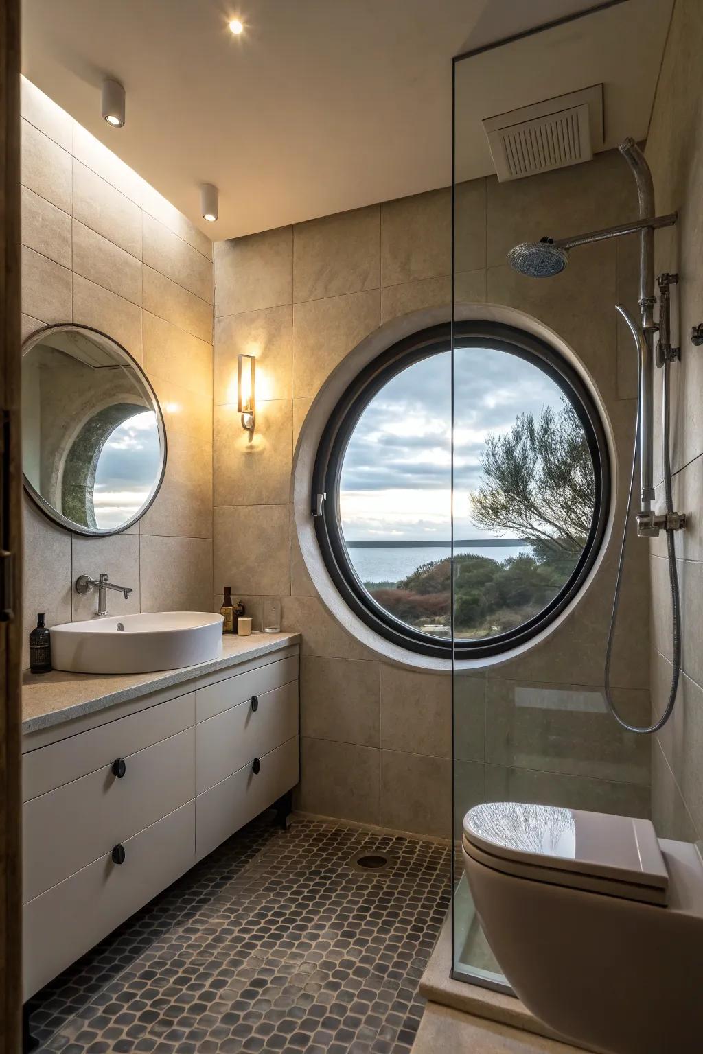 A circular window in the shower introduces an unmatched architectural element to the bathroom.