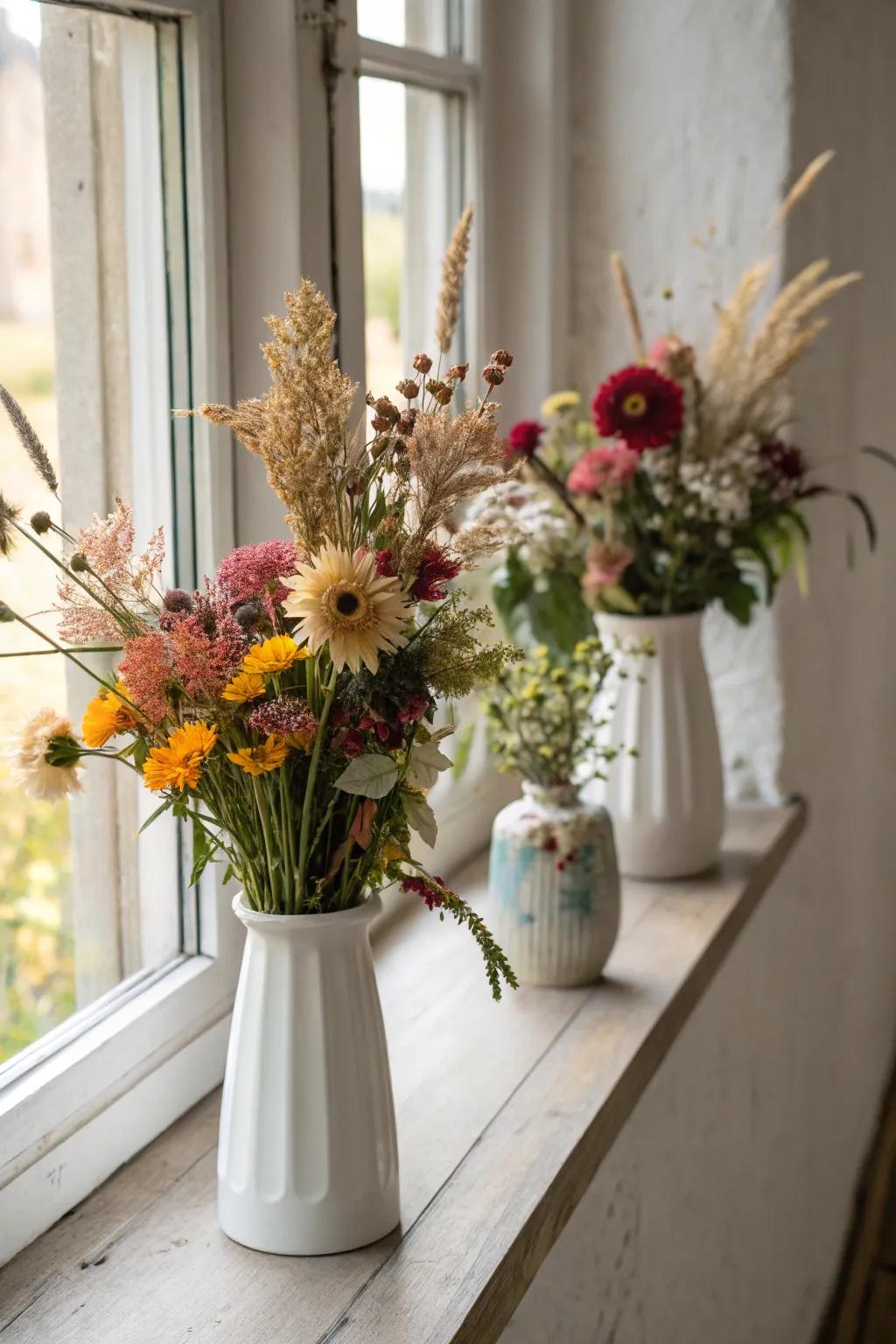 Vases of fresh and dried flowers bring class to this windowsill.