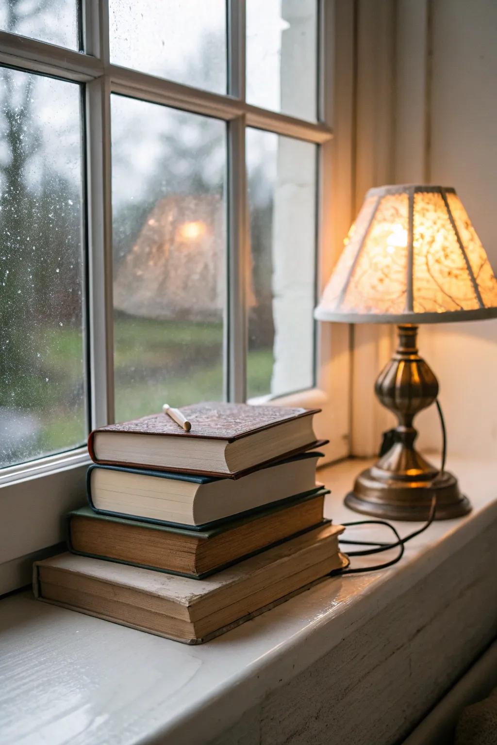 Books upon the windowsill beckon relaxation and contemplation.