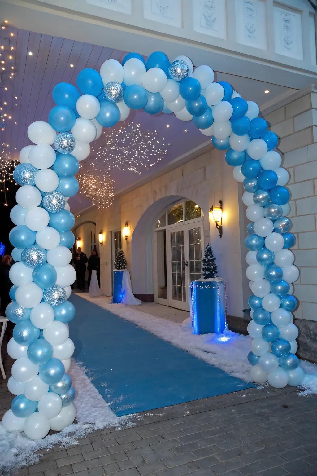 A balloon festoon welcomes guests into a winter wonderland.