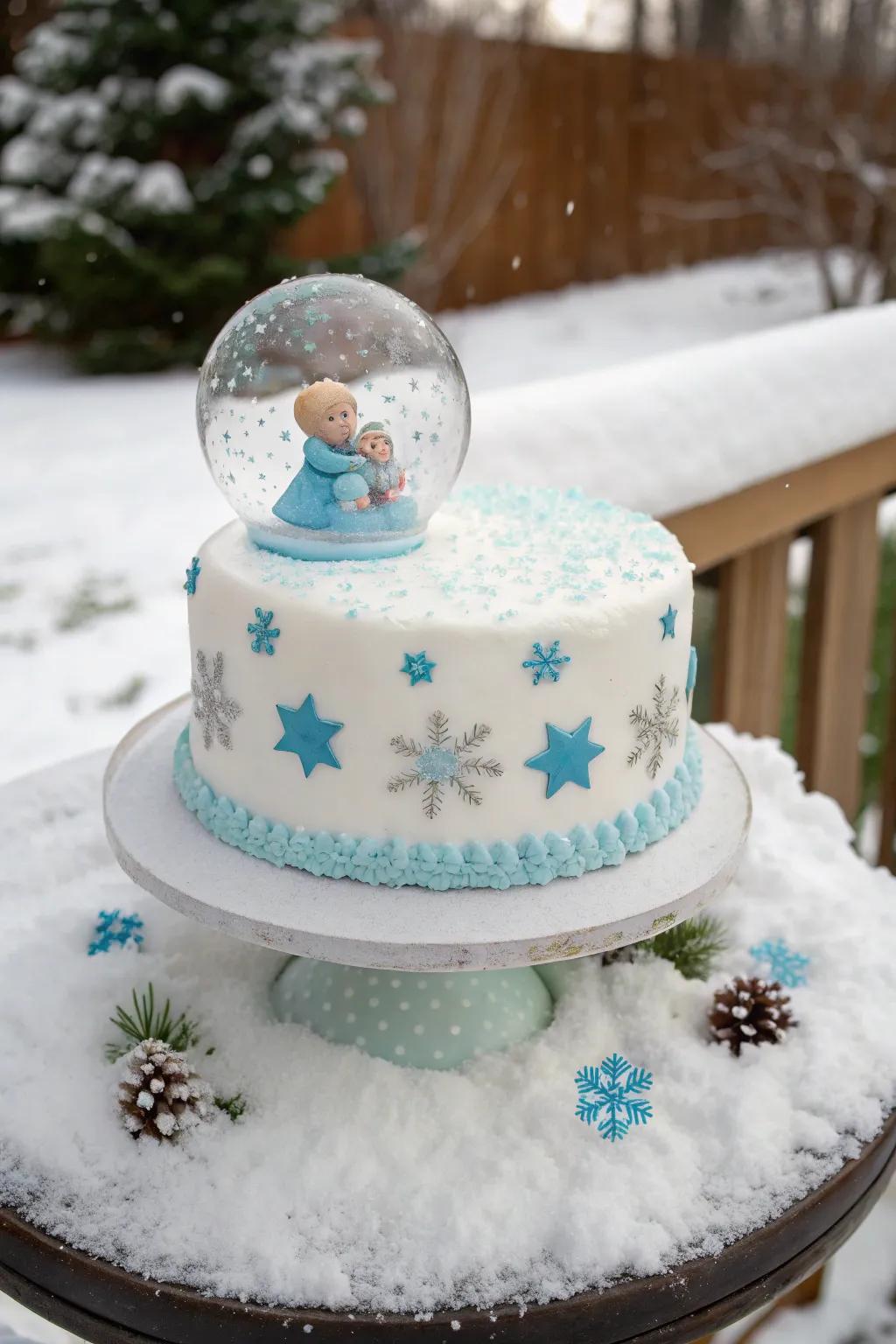 A whimsical snow globe cake with floating crystals.