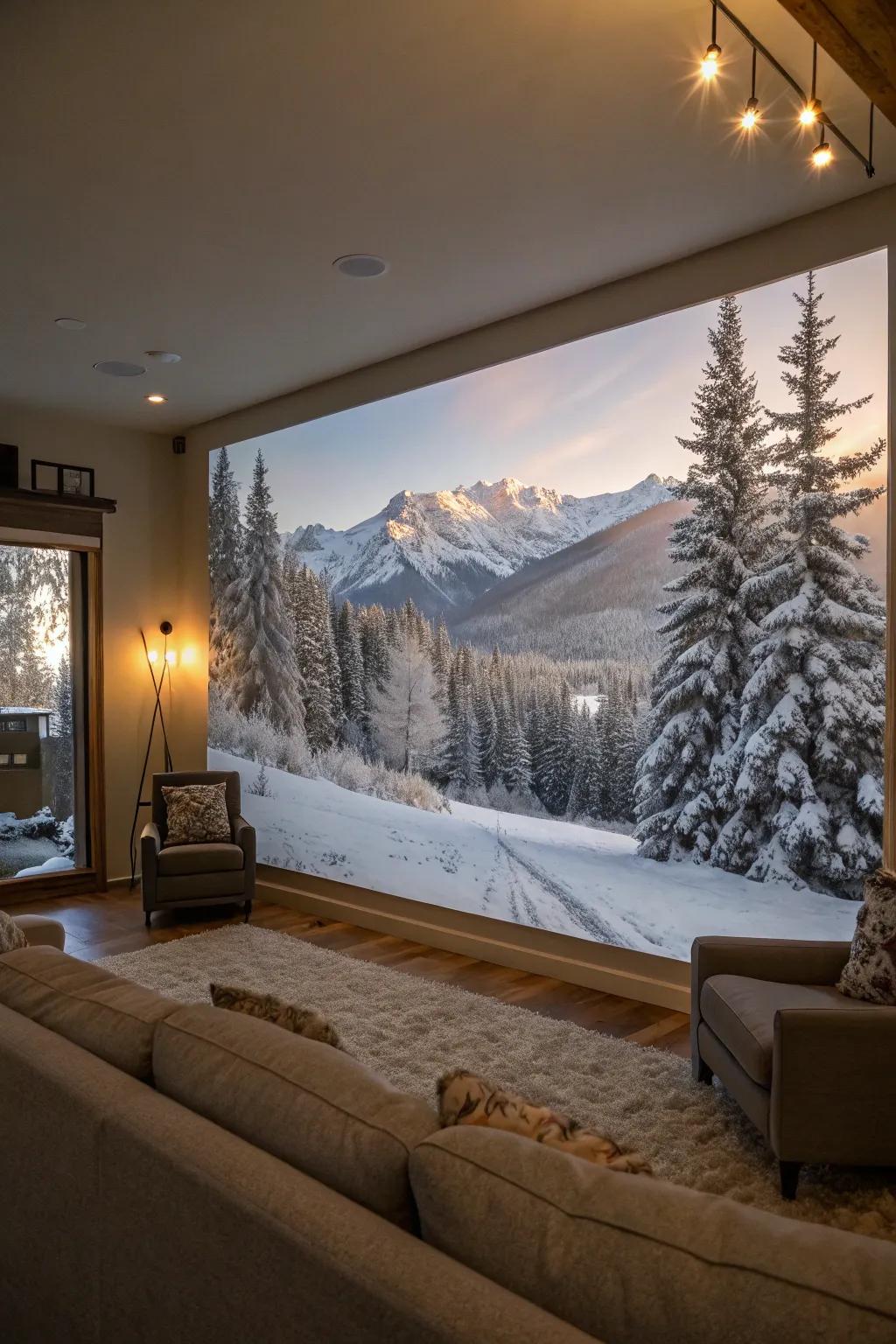 A winter panorama converts any space into a snowy escape.