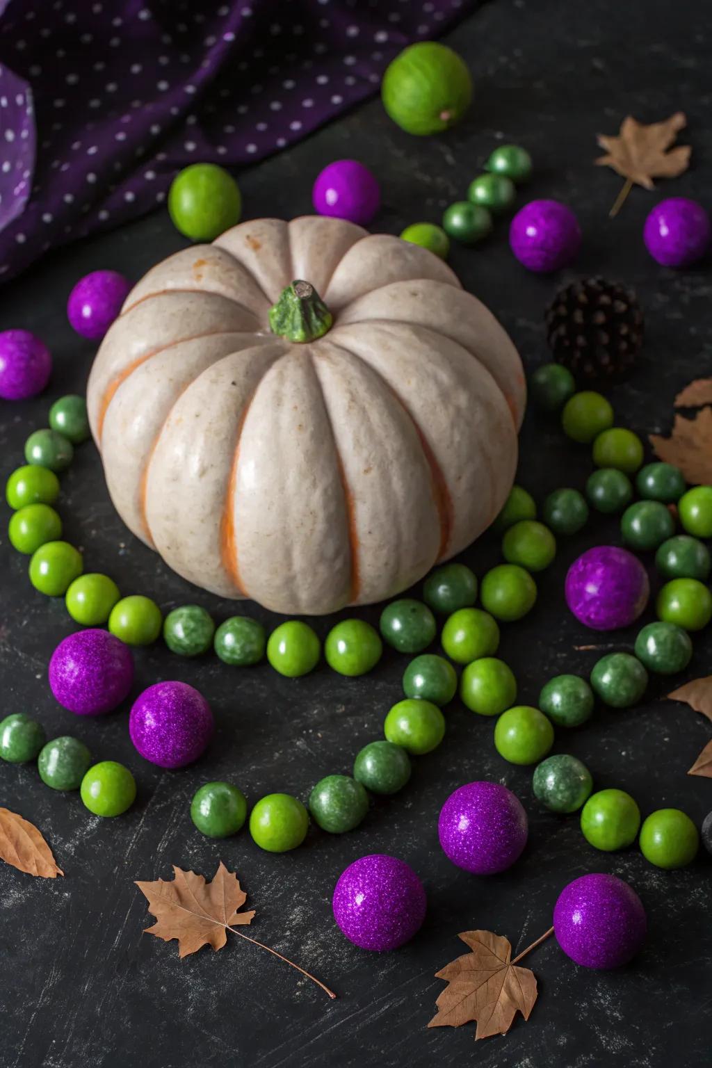 Jack-o'-lantern embellished with vibrant elixir ingredients.