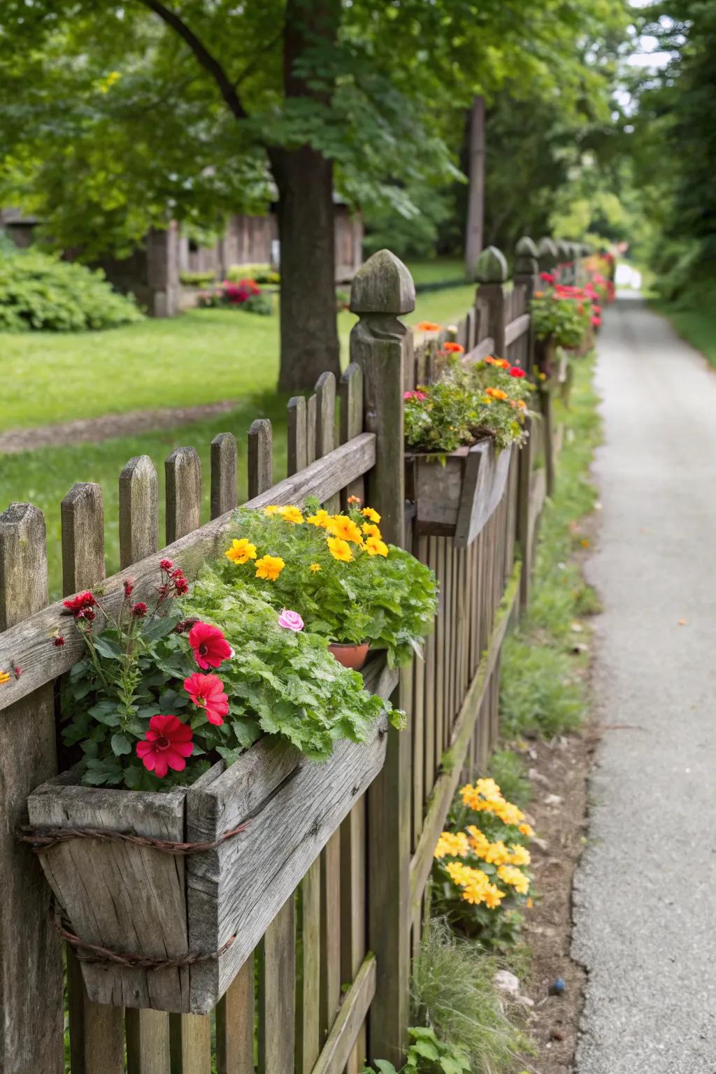 Integrated planters within a fence design sprinkle dashes of greenery into your outdoor decor.